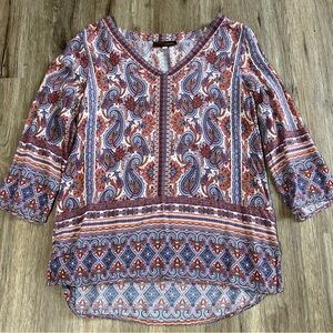 Crosby V-Neck Blouse Size Small Boho Paisley Pastel Print Rayon Peasant Top